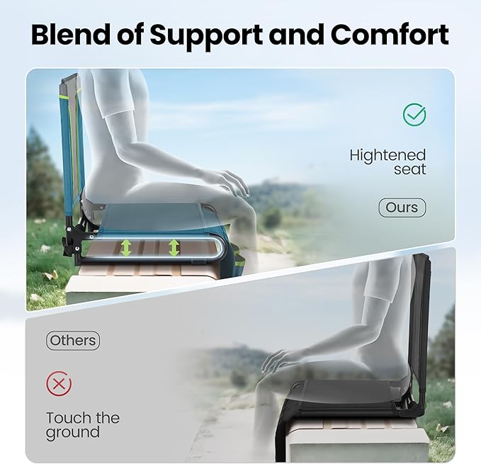 HIGH POINT SPORTS Folding Stadium Seat Bleacher Chair with Mesh Bag and Hide Hooks, Portable Stadium Chair with Back, Outdoor Comfort Chair, Blue Green