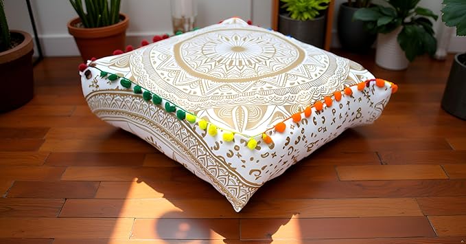 CRAFT KALA Gold Large Hippie Mandala Meditation Floor Ottoman Pillow Cushion Pouf Cover Square Poufs Bohemian Circle Floor Cushion Case Outdoor Fireplace Yoga Living Room Decor Cover 24" Square