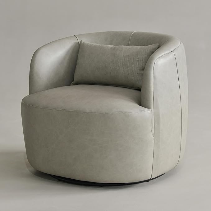 KINWELL 33'' W 100% Top Grain Genuine Leather Swivel Barrel Armchair No Assembly Round Upholstered Leather Swivel Accent Chairs with Toss Pillow for Living Room Office Lounge, Light Gray