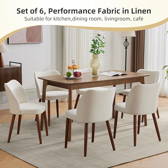 ElfinAura Dining Chair Set of 6, Linen Upholstered Dining Chair with Solid Wood Legs, Wing Backrest, Wooden Kitchen Chair, Kitchen Chairs with Thick Cushions for Dining Room, Living Room, White