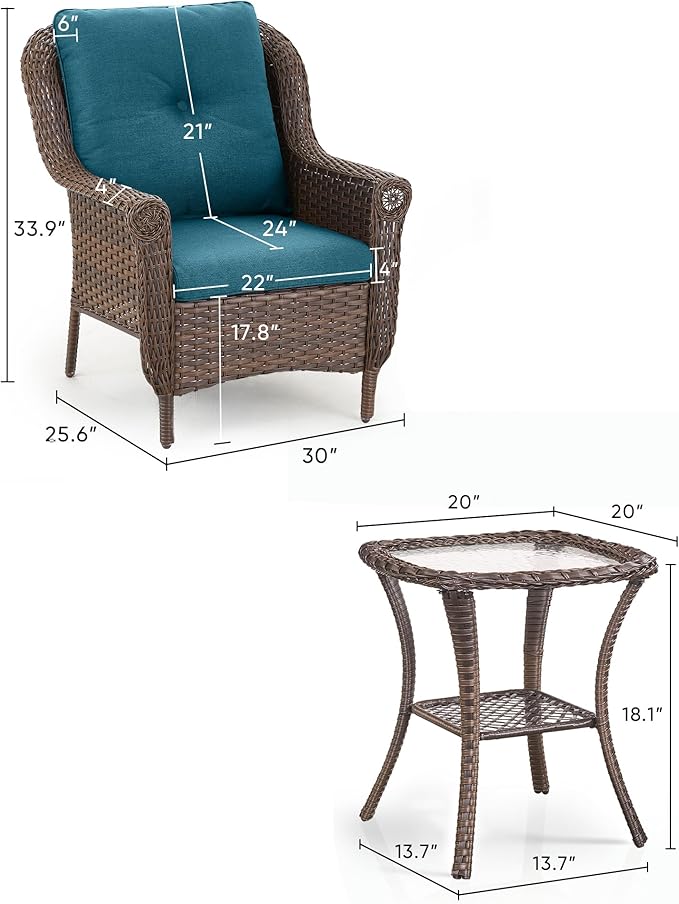 ACTREST 3 Piece Patio Brown Wicker Chairs with Side Table - Outdoor High Back Heavy Duty All-Weather Lawn Dining Rattan Chair Conversation Bistro Set for Deck Porch Balcony Garden - Peacock Blue
