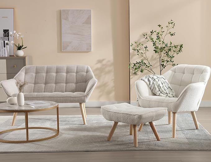 ZH4YOU Sherpa Accent Reading Chair with Ottoman, Modern Fuzzy Chair with Ottoman Upholstered Armchair with Wood Legs Comfy Lounge Chair for Small Spaces Living Room Bedroom Book Nook, White