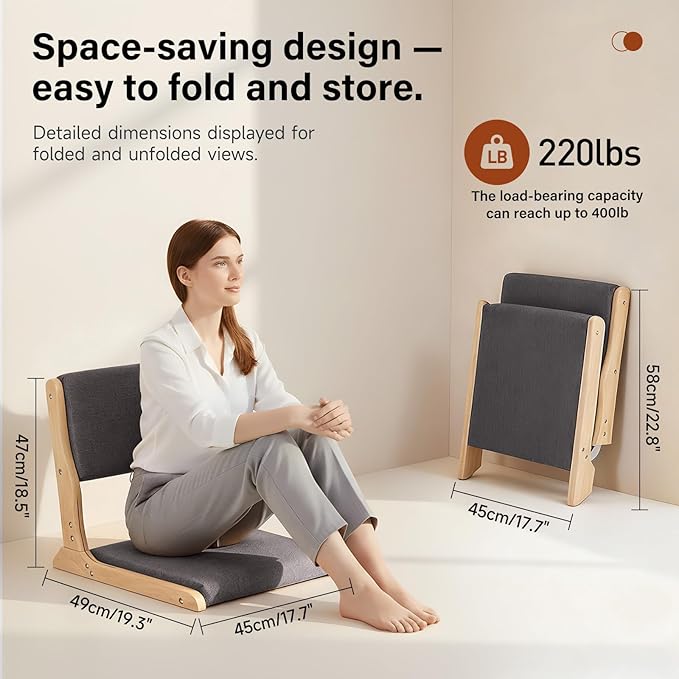 Tiita Foldable Tatami Chair, Japanese loor Chair, Wood Legless Back Rest Chairs with Cushion, Accent Meditation Floor Chairs Bay Window, Wood Dark Grey