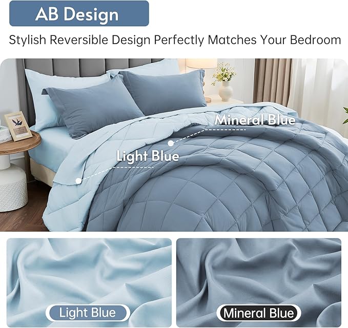 MUXHOMO 7 Pieces Full Comforter Set, Reversible Bed in a Bag Full Size, All Season Bedding Set with Comforter, Flat Sheet, Fitted Sheet, Pillowcases & Shams, Mineral Blue & Light Blue
