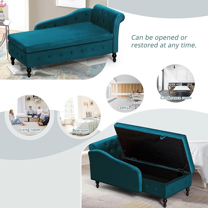 ACMEASE Upholstered Chaise Lounge with Right Armrest & Lumbar Pillow,Button Tufted Lounge Sofa with Storage,Lounge Chair Indoor,Modern Velvet Lounge Chair for Bedroom, Living Room and Office,Teal