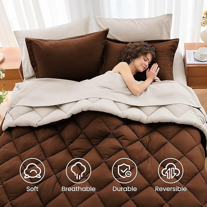 MUXHOMO 7 Pieces Full Comforter Set, Reversible Bed in a Bag Full Size, All Season Bedding Set with Comforter, Flat Sheet, Fitted Sheet, Pillowcases & Shams, Brown & Khaki