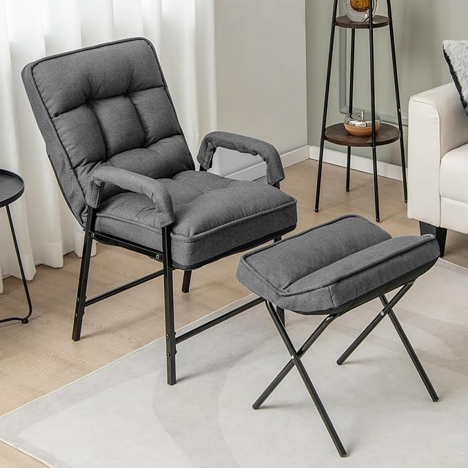 Giantex Modern Accent Chair with Ottoman, Upholstered Arm Chair with Adjustable Backrest & Solid Metal Frame, Linen Fabric Single Sofa Chair and Footrest Set for Bedroom, Living Room (Grey)
