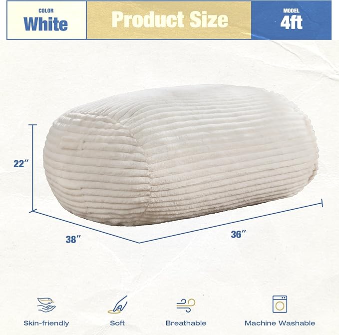 Hobestluk 3FT Bean Bag Chairs Adult Bean Bag with Portable Handle Comfy Large Bean Bag Chair with Removable Cover for Living Room Bedroom or Reading Nook (Stripe White, 3FT)