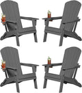 Plawdlik Folding Adirondack Chair, SGS Tested, Wooden Textured with Cup Holder, Heavy All-Weather HDPE Comfortable Set Poolside Backyard Lawn Grey Set 4