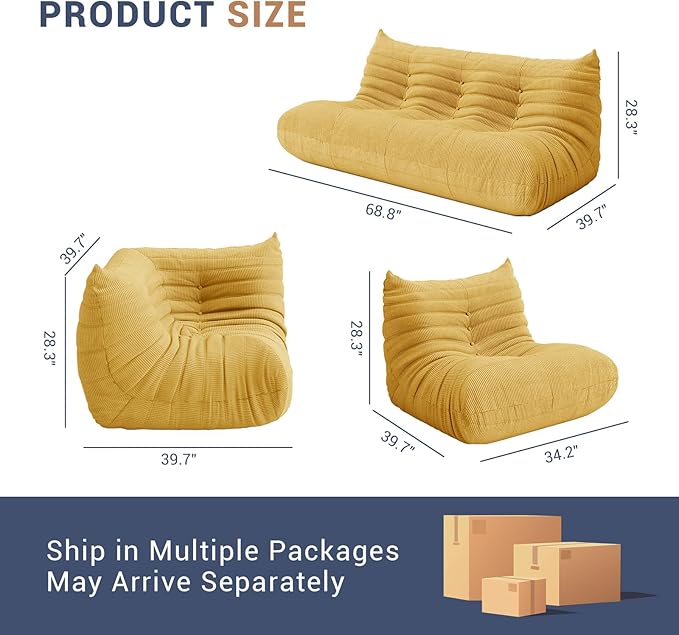 Bean Bag Chair for Adults, Fireside Chair Lazy Floor Sofa, Modern Corduroy Fabric Caterpillar Sofa Couch, Armless Foam Lounger Tatami Recliner Bean Bag Couch for Living Room Bedroom Dorm Office