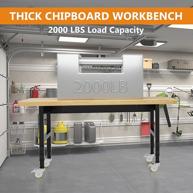 60" Heavy Duty Work Bench with Wheels, Adjustable Height Workbench with Drawers, 2000 LBS Capacity Work Table with Power Outlets for Garage, Workshop, Office, Home