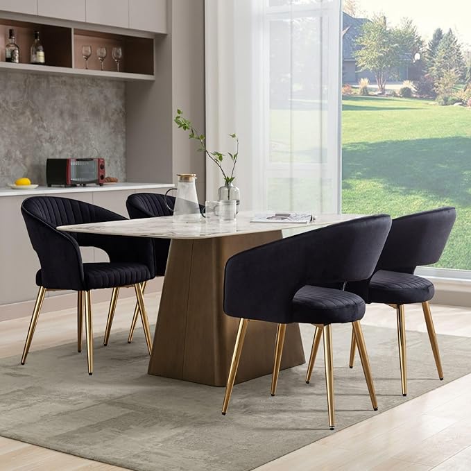 COMULER Black and Gold Velvet Dining Chairs, Modern Dining Room Chairs with Arms Set of 4 Upholstered Accent Chair Armchair with Barrel Back for Kitchen Living Room