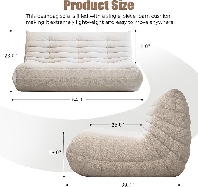 Selyteramy 3 Seat Oversized Bean Bag Chairs for Adults, Memory Foam Fireside Beanbag Couch, Comfy Bean Bag Lounger Lazy Sofa for Living Room, Bedroom, Playroom, White