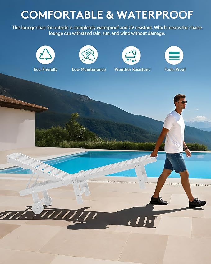 SERWALL Patio Chaise Lounge Chair, Outdoor Lounge Chair with 5 Positions Adjustable Backrest, HDPE Lounger with Rolling Wheels & Cup Holder for Poolside, Beach, Garden, White