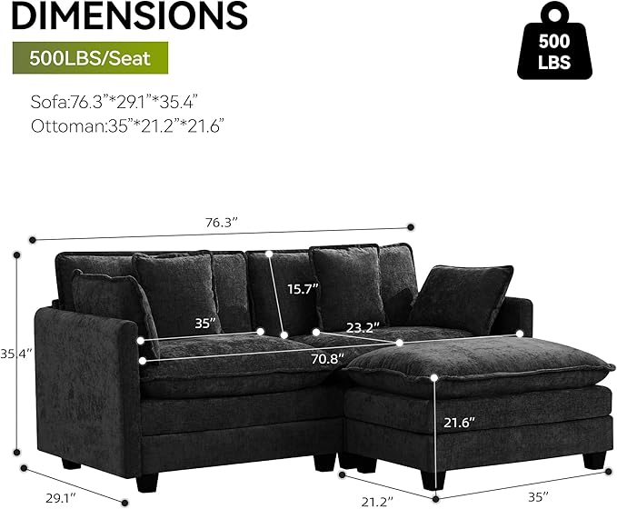 UMBFUN Cloud Couch Loveseat with Ottoman, Oversized Comfy Modular Sectional L Shaped Sofa with Deep Seat Cushions, Chenille 2-Seater Lounge Set for Living Room, Dark Grey