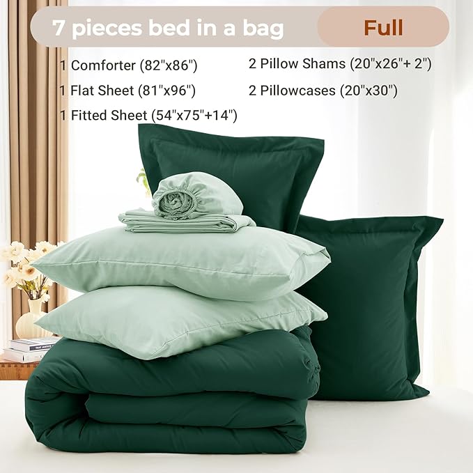 MUXHOMO 7 Pieces Full Comforter Set, Soft Bed in a Bag Full Size, All Season Bedding Set with Comforter, Flat Sheet, Fitted Sheet, Pillowcases & Shams, Forest Green & Sage Green