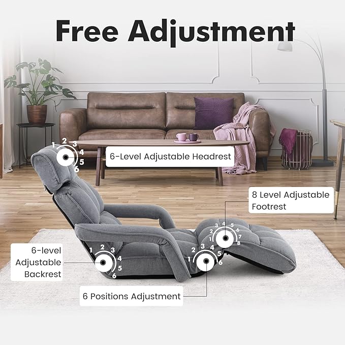 KOMFOTT Foldable Floor Lazy Sofa, Indoor Chaise Lounge Sofa with 6 Adjustable Positions, Folding Chair Bed with Adjustable Armrests, Backrest & Footrest, Ideal for Living Room, Bedroom (Grey)
