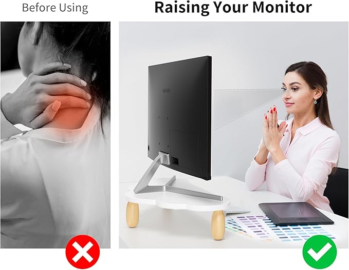 AFOOYO Cloud-Shaped Sturdy Wood Computer Monitor Stand Riser With Drawer, Multi-Purpose Desktop Organizer