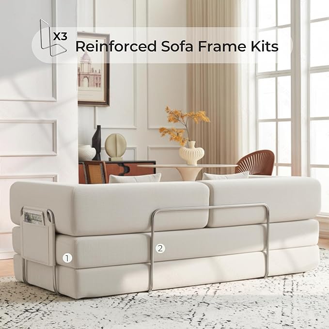 Carzzi-Life 79" Convertible Sofa Bed with Pillows, Corduroy Folding Sleeper Sofa with Fixed-Shape Frame, Boneless Couch for Living Room Bedroom, Floor Sofa Lounge No Assembly Required (Beige)