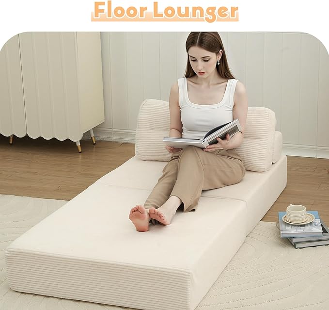 MeMoreCool Folding Sofa Bed – Convertible Sleeper Chair with Pillow, Beige, 31.5″ × 70.1″ Shredded Foam Lounge Chair for Living Room, Bedroom, Small Spaces | Headrest & Lumbar Support, Corded Fabric