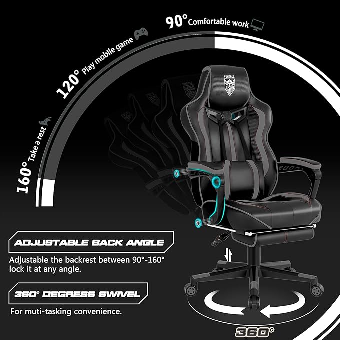 Vonesse Gaming Chair for Adults, Reclining Gaming Chairs with Footrest and Massage, Computer Gaming Chair for Heavy People,Ergonomic Gamer Chair Big and Tall (Black/Gray)