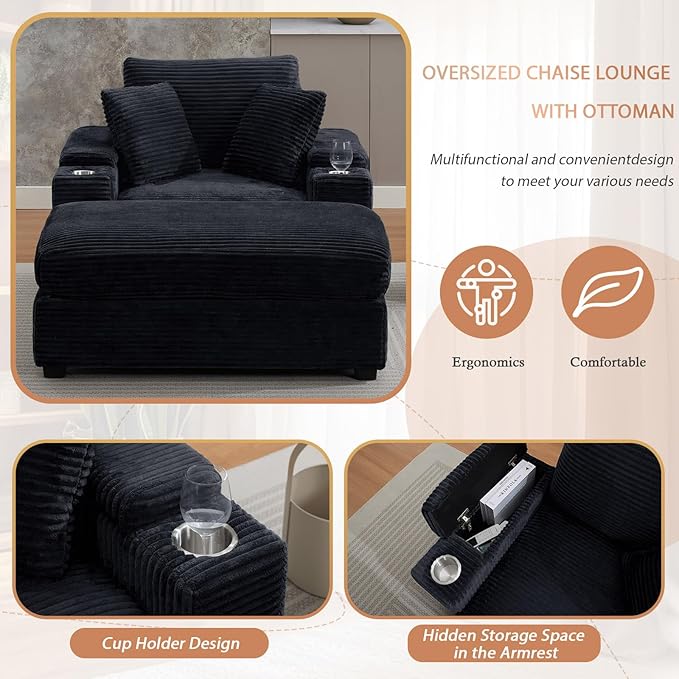 50" Oversized Chaise Lounge Chair Indoor with Ottoman and Storage, Deep Seat Upholstered Reading Chair, Comfy Corduroy Sleeper Chair with Cup Holder, Reclining Chair for Living Room, Bedroom, Black