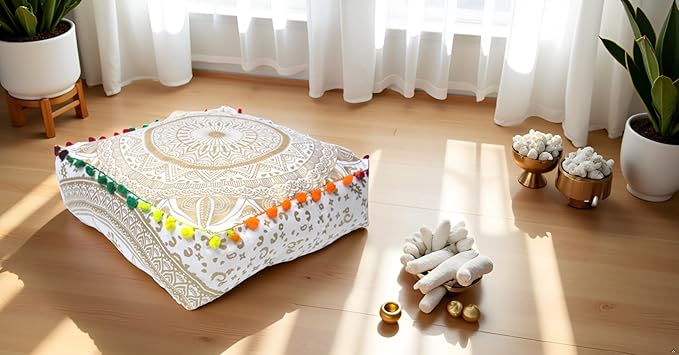 CRAFT KALA Gold Large Hippie Mandala Meditation Floor Ottoman Pillow Cushion Pouf Cover Square Poufs Bohemian Circle Floor Cushion Case Outdoor Fireplace Yoga Living Room Decor Cover 24" Square