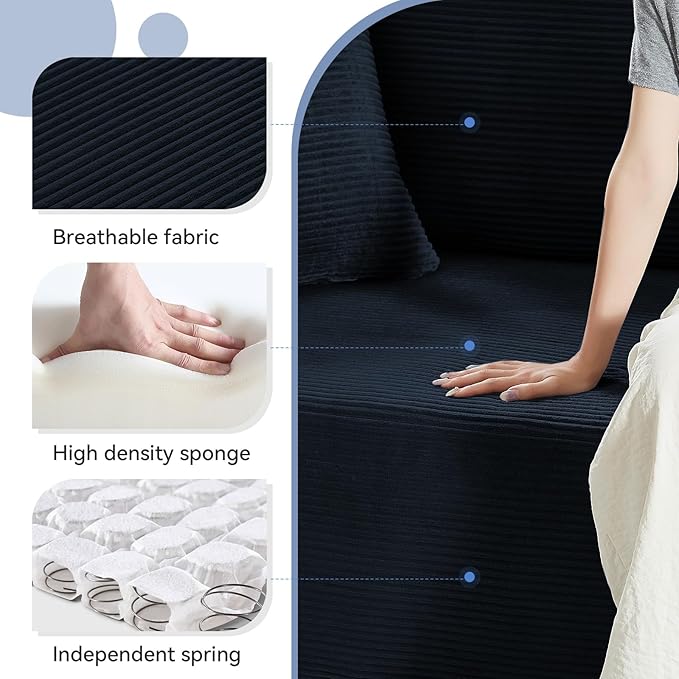 83" Sofa in a Box, 3 Seater Couch No Assembly Boneless Sofa Bed with Cushion Back 2 Matching Pillows Deep Seat Corduroy Fabric Side Storage Pockets for Living Room, Bedroom, Apartment, Office, Blue