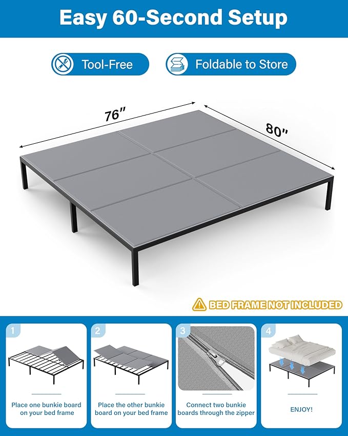 SAKSUN Bunkie Board King 76x80'' for Bedroom: Breathable & Moisture Resistant Boards for Bed Frame - Heavy Duty Low Profile Bed Support Board King Box Spring Supplement, Noise Minimizing