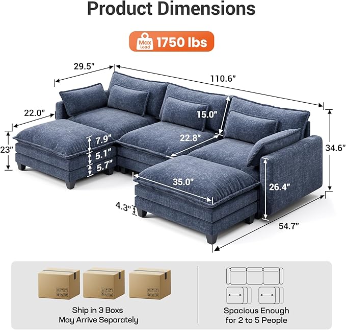 Pipishell 110.6" U-Shaped Modular Sectional Sofa, 5-Seat Modern Chenille Deep Seat Comfy Cloud Couch with 2 Movable Ottoman & Throw Pillows for Living Room, Bedroom and Apartment, Blue