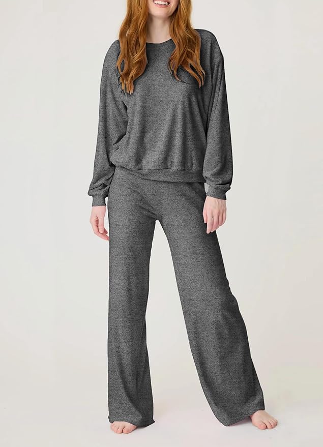 Aamikast Women's 2-Piece Lounge Set Soft Brushed Jersey Sleepwear Pajamas Set Long Sleeve Top & Wide Leg Pants