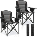 LANMOUNTAIN 2 Pack Padded Oversized Camping Chairs for Adults,Heavy Duty Support 400 Lbs,Folding Portable Lawn Chair w/Cup Holder,Cooler Bag,Side Pocket,Perfect for Outdoor Picnic,Hiking(Black)