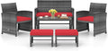 Tangkula 6 Pieces Patio Furniture Set, Outdoor Rattan Conversation Chairs Set with 1 Loveseat, 1 Coffee Table, 2 Armchairs and 2 Ottomans for Garden, Deck, Backyard and Poolside (Red)