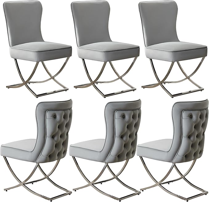 WUTUTUEE Luxury Velvet Dining Chairs, Tufted Upholstered Armless Accent Chairs with Silver Metal X-Legs, Modern Glam Dining Room Chair Set of 6, Light Grey