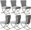 WUTUTUEE Luxury Velvet Dining Chairs, Tufted Upholstered Armless Accent Chairs with Silver Metal X-Legs, Modern Glam Dining Room Chair Set of 6, Light Grey