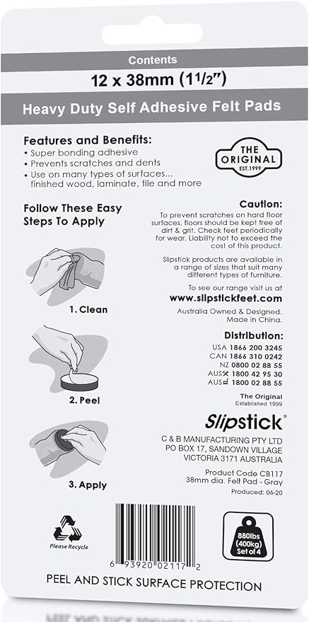 Slipstick Premium Wool Felt Furniture Pads/Chair Feet Floor Protectors (1.5 Inch Round) Includes 12 Heavy-Duty Felt Pads with Self Stick Adhesive, Gray, CB117