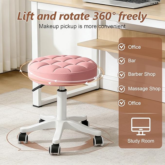 JPBSTO Small Rolling Stool with Wheels, PU Leather Height Adjustable Vanity Work Task Stool, 360 Swivel, Padded Seat Cushion,for Salon, Home, Office