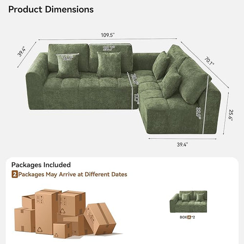 110''Modular Sectional Couches for Living Room, Cloud Boneless Compressed Sofa Right Facing Chaise, Oversized L Shaped 4 Seater Memory Foam Sofa, No Assembly, Chenille Green