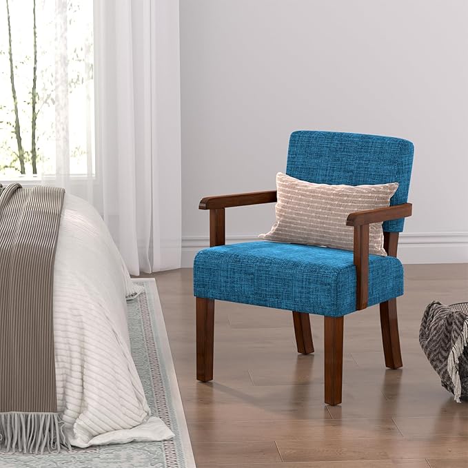 FAGAGA Accent Chair,Armchairs with Solid Wood Frame and Legs,Upholstered Reading Leisure Chair for Bedroom,Office,Waiting Room (Linen, Blue, One Chair)