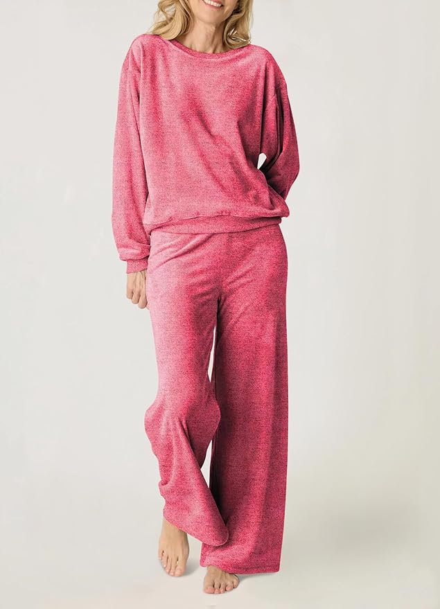 Aamikast Women's 2-Piece Lounge Set Soft Brushed Jersey Sleepwear Pajamas Set Long Sleeve Top & Wide Leg Pants