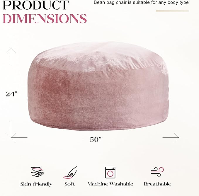 Hobestluk Bean Bag Chairs Giant Beanbag Chair with Filler, Memory Foam Bean Bags with Fluffy & Machine Washable Cover, Bean Bag Chairs for Aduts for Living Room, Bedroom (Pink, 5FT - 50” x 50” x 24”)