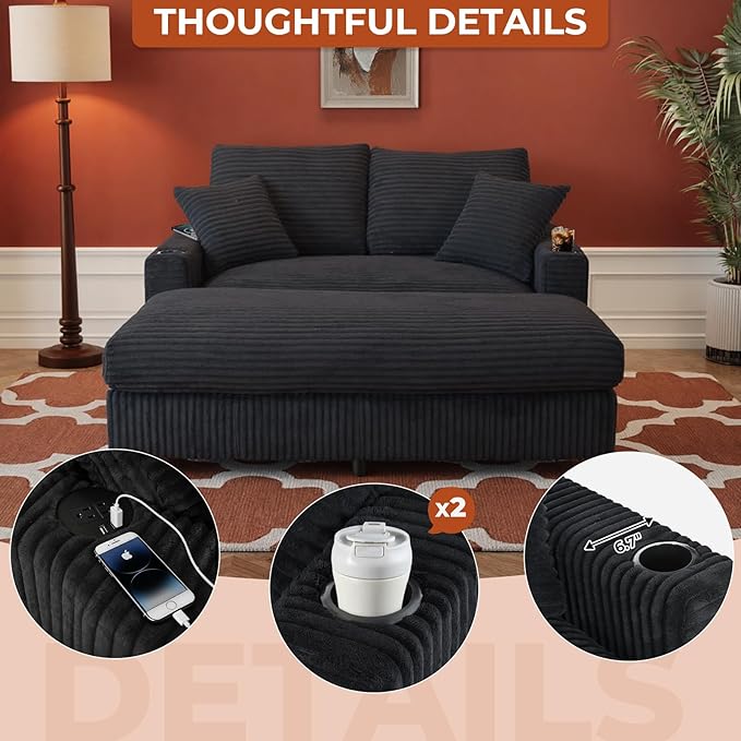 65" Oversized Chaise Lounge Chair Indoor, Upholstered Sofa Bed with Pillows & 2 Cup Holders, Sleeper Couch Comfy Corduroy Recliner Chair for Living Room, Movie Room, Bedroom, Black