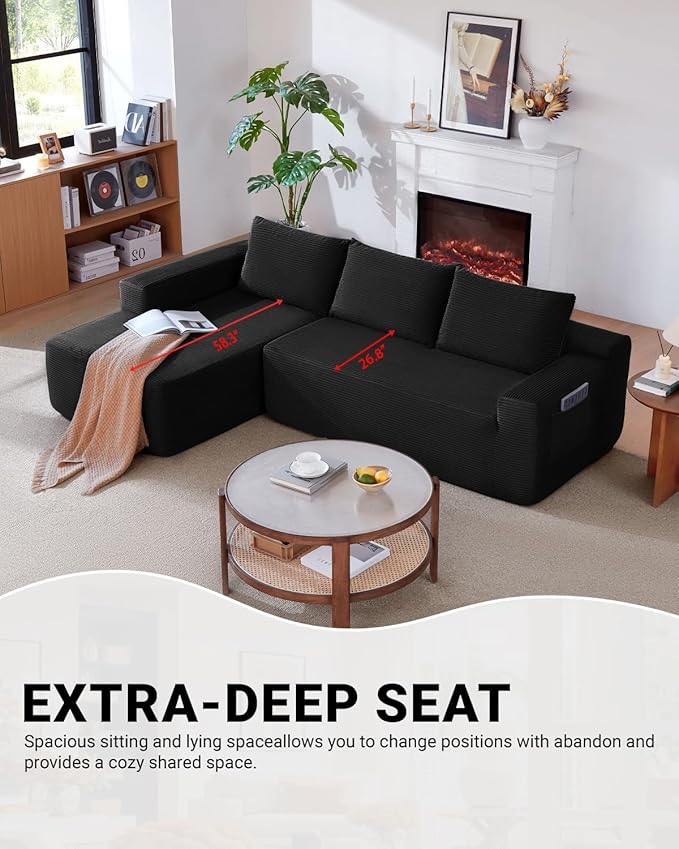 Vanress 97" Cloud Couch Sectional, Corduroy Boneless Couch with L-Shape Chaise,Modern Modular Sectional Sofa Comfy Deep Seat for Living Room, Bedroom, No Assembly (Black, Left Facing Chaise)