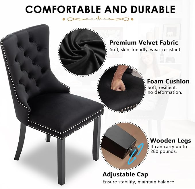 Kiztir Velvet Dining Chairs Set of 4, Upholstered Dining Room Chairs with Ring Pull Trim and Button Back, Luxury Tufted Dining Chairs for Living Room, Bedroom, Kitchen (Black)