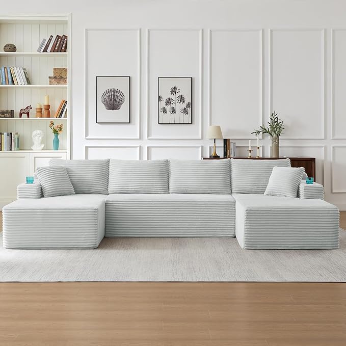 134 Inch Modular Sectional Sleeper Sofa, Boneless Cloud Couch for Living Room, U Shaped 5 Seat Sofa with 2 Storage Pockets& 2 Cup Holders, Free Combination, No Assembly Required (Light Grey)