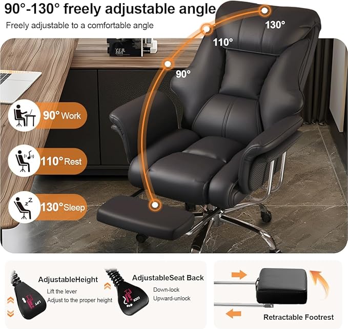 BTFYOU Big and Tall Office Chair with Armrests Executive Chair with Footrest and Spring Lumbar Support High Back Leather Ergonomic Chair Adjustable Height Tilt Lock for Business