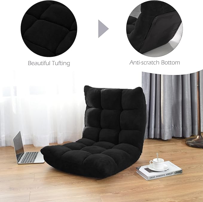 COSTWAY Adjustable Gaming Chair, Video Gaming Chairs with Back Support, Alloy Steel Frame, Soft Coral Fleece, Lazy Sofa Lounge for Reading Living Room Recliner for Adults Kids, Black