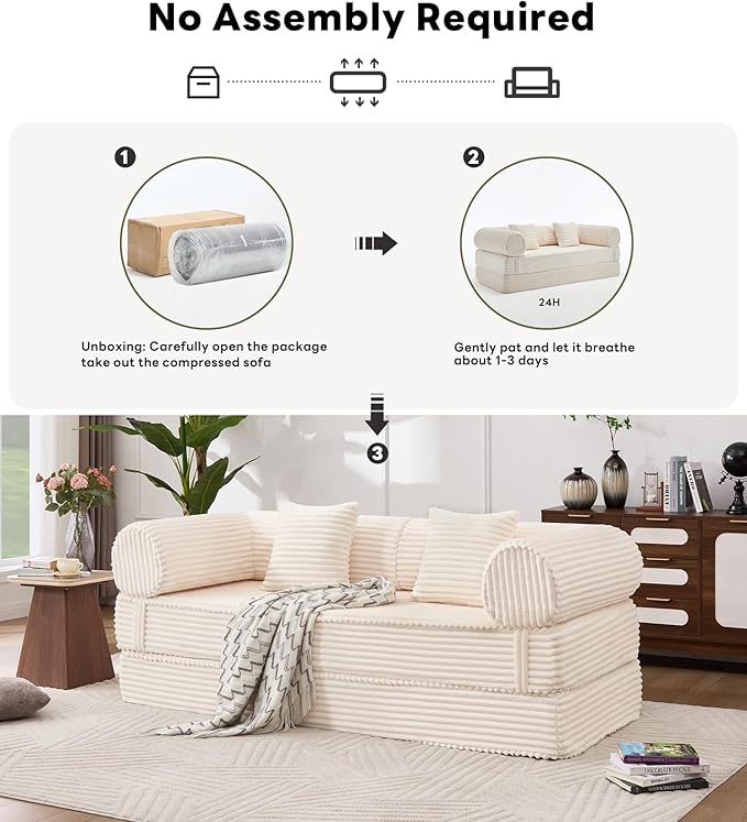 Tbfit 79'' Folding Boneless Couch, Oversized Corduroy Convertible Sofa Bed, Futon Mattress Sleeper Sofa, Comfy Foldable Upholstered Floor Couches for Living Room, Beige