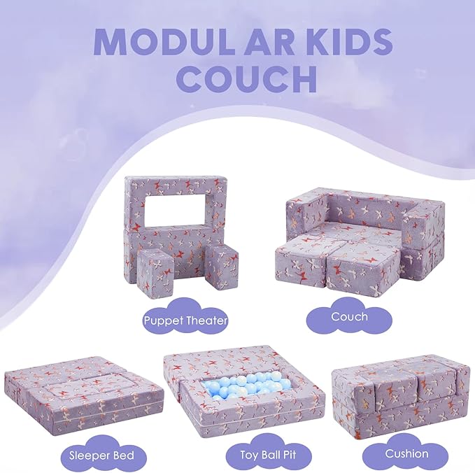 MeMoreCool Kids Modular Couch – Glow-in-The-Dark Butterfly Foam Sofa Bed, Lavender Convertible Toddler/Youth Playroom Sofa-to-Bed