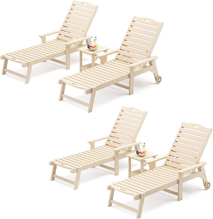 LUE BONA Chaise Lounge Chair with Table, 6-Piece, HDPS Chaise Lounger, 5 Positions Adjustable Lounge Chairs, Pool Lounge Chair with Wheels for Poolside, Backyard, Sand